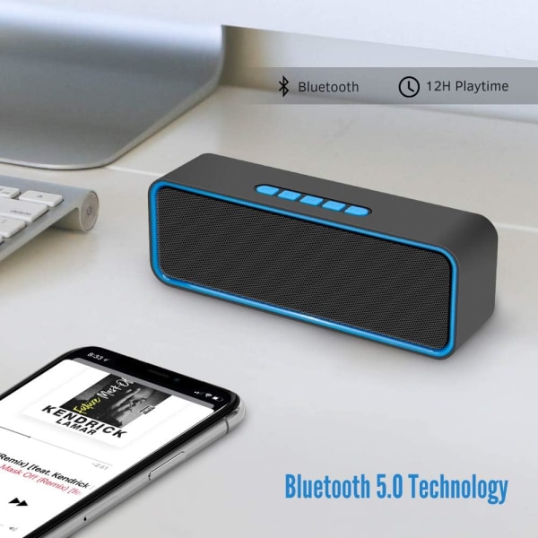 Bärbar trådlös högtalare (blå), Bluetooth 5.0 med 3D-stereoljud HiFi-bas, 1500 mAh batteri, 12 timmars speltid