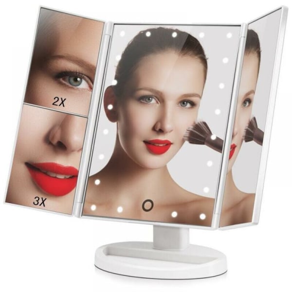 Sminkspegel, förstorande triptyk-spegel med 22 st LED-lampor, 10x/3x/2x ljusspegel med pekskärm, dubbel strömförsörjning, justerbar rotation i 180°