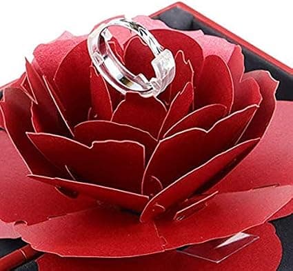Rosa roterande ringask (svart), 3D pop-up ros ringask för förlovning, bröllop smyckesgåva