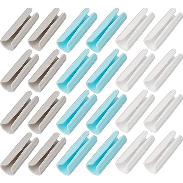 24 cylindriska klämmor (vit, blå, grå), plastduk