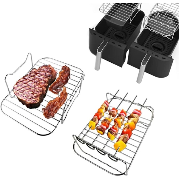 Set med 2 galler för airfryer, mångsidigt matlagningsgaller med 4 grillspett, tillbehör för airfryer kompatibla med Ninja Foodi DZ201/401 Instant