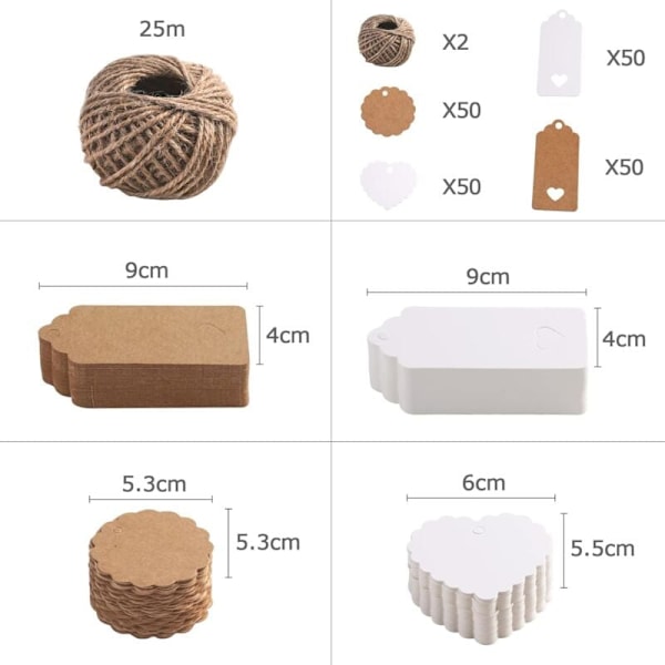 200 Kraftpapiretiketter med hjerte og jutesnor 50 m for bryllupsgaver, julegaver, festgaver, gavepynt.