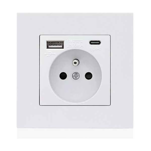 Fransk Type-c+USB16A Type 86 Stikkontaktpanel, Antall stikkontakter: 2 hull, Antall USB-porter: 1, Antall Type-c-porter: 1, Sikker og solid (Hvit firkant)