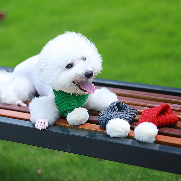 Christmas Dog Knitted Scarf and White Plush Ball Warm Winter