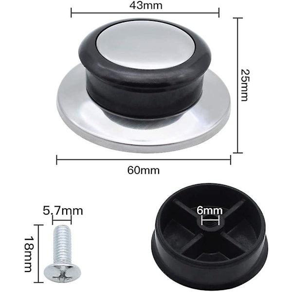 6-delt grytelokkhåndtak varmeresistent knott i rustfritt stål bakelite lokk knott erstatningshåndtak håndtak rund universal husholdningskjøkken kokekar