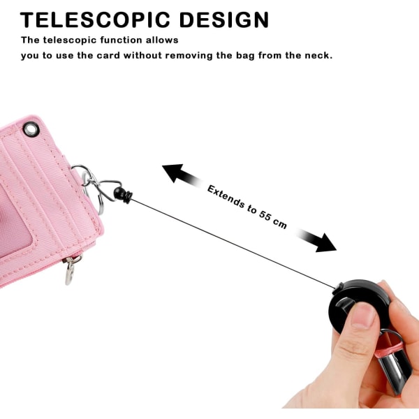 2 stk. PU-snørebåndskortholder, 5 kortslots og 1 lynlåslomme, total længde 57 cm, kortholder med tilbagetrækkeligt spænde