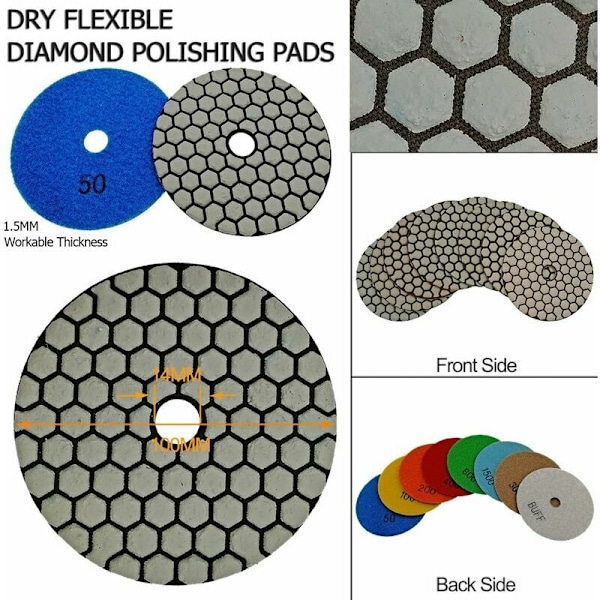 7 stk. Diamant Diamant 4quot/100mm tørre Diamant Pads Pads til marmor, granit, sten, beton (50)