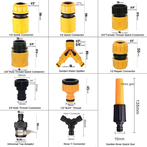 Sett med 20 koblinger for vanningsslange, adapter for vannkran, y-rørseparator i Y, universalkrankobling, etc.
