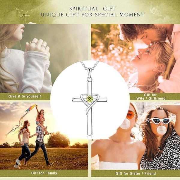 Augusti Födelsesten Korshalsband - 925 Silver med 5A CZ Peridot & 14K Guld/Roséguld - Olivgrön Unisex Festival Smycke