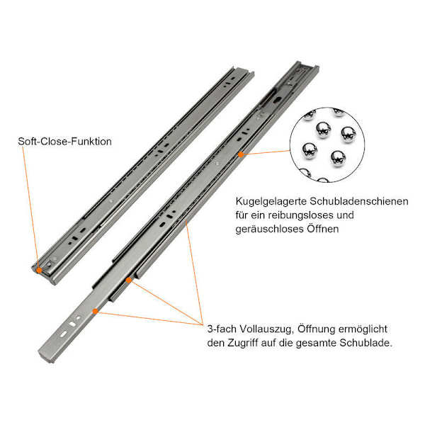 Lådskenor med automatisk retur, fullutdrag, 45mm, 450mm, 2 rum