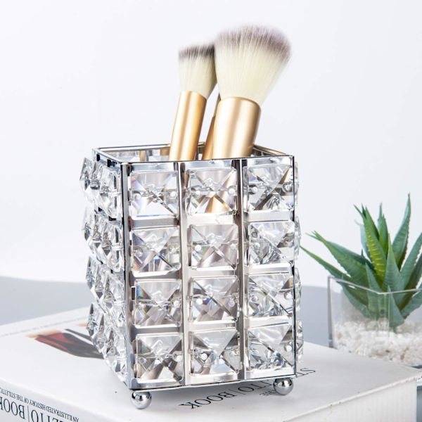 Kristall sminkborsthållare silver sminkborste arrangör förvaring penna pennhållare fyrkantig kosmetika borste behållare för sminkbord kontor hem