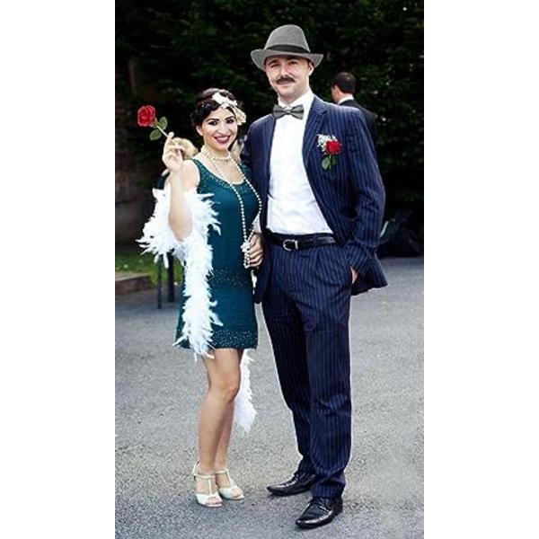 Grå 1920-tals herrkläder accessoarer gangster flapper set Great Gatsby kostym kit 20-tal med Trilby hatt mustasch elastiska hängslen herrficka Wa