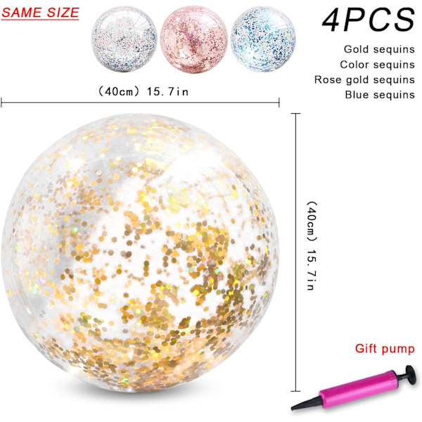 4-pack uppblåsbara glitterstrandbollar (40 cm), konfettistrandbollar, bulk poolbollar rosa strandbollar vuxna barn sommar poolpartyleksaker med uppblåsbar