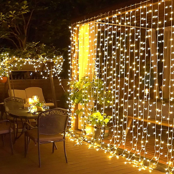 Fjernbetjening Plug-in Gardinlys Udendørs, 300 LED Væghængende til Soveværelse Bryllup Fest Baggrund Have Indendørs Jul (Varmt Hvidt)