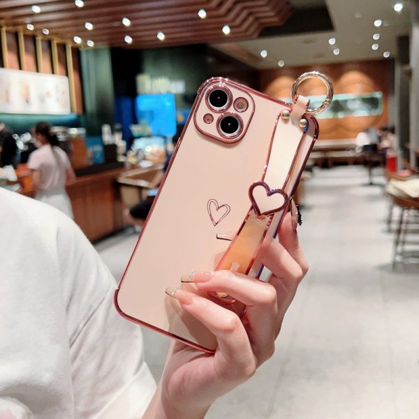 Söpö kiiltävä pinnoitettu phone case rannehihnalla iPhone 14 Pro Maxille, vaaleanpunainen ohut cover