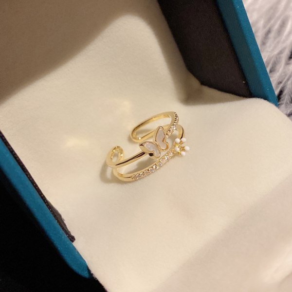 Dobbelt lag diamant sommerfugl ring til kvinder justerbar ring