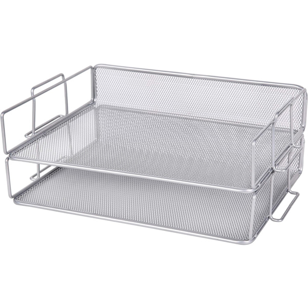 2 stk. brevbakker/stabelbare metalnet skrivebordsbakke/multifunktionel arrangør/filholder til kontor, skole, studie - (sølv)