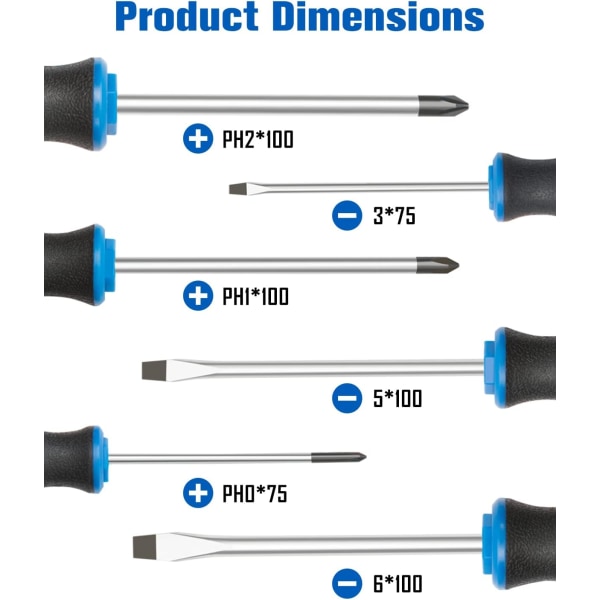 6-delt magnetisk skrutrekkersett, 3 Phillips-spor og 3 flate hoder, Pro Cushion Grip | 6-delt håndverktøysett