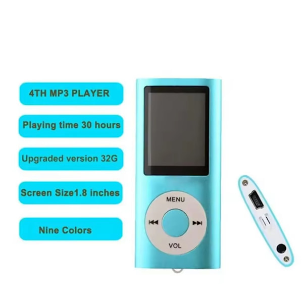 1,8 tommer Mp3 og Mp4-afspiller med genopladeligt batteri, musikafspiller med FM-radio, videoer, fotos, understøtter op til 64 GB hukommelseskort, 8 timers afspilningstid