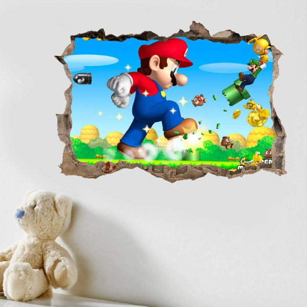 Super Mario seinätaulu 3D Breakout seinätarra lasten makuuhuoneen olohuoneen seinäkoriste 15,7x23,6 tuumaa (Super Mario)