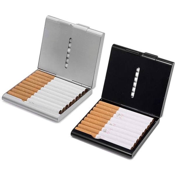 2 lättvikts ultratunna cigarettförpackningar i rostfritt stål (silver/svart), cigarettförpackningar i metall rymmer 20 klassiska och eleganta cigaretter för män