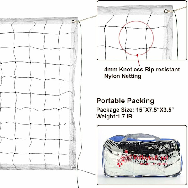 Ersättningsnät för volleyboll - Standardstorlek (9,5 m x 1 m) - Med stålvajer - Förstärkta sidoband - För strand, trädgård, pool, inomhus och utomhus (nät på