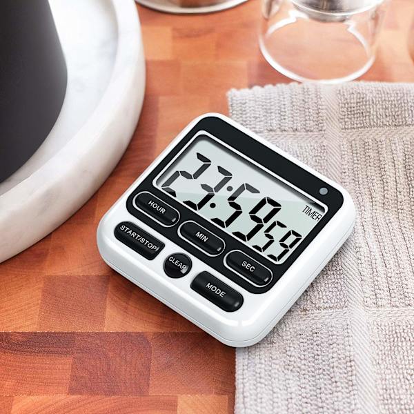 Digital køkkentimer med lydløs/høj alarmkontakt, 24 timers ur og alarm, hukommelsesfunktion, perfekt til børn, lærere og madlavning (sort)