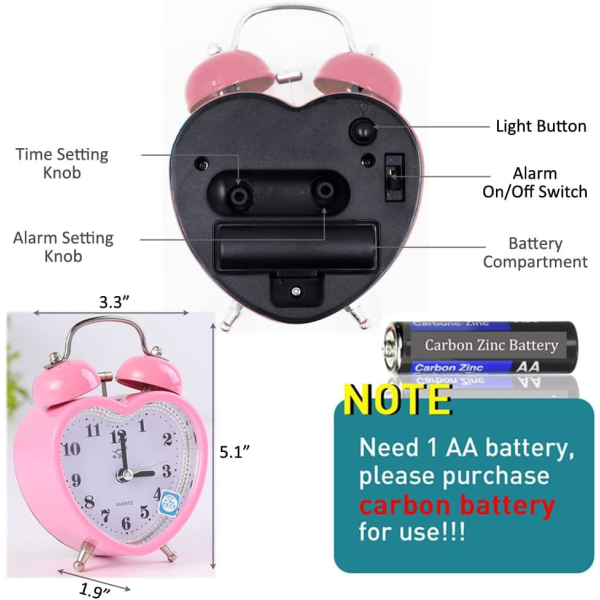 3 tum söt dubbelklocka högt alarmklocka tyst analog kvarts nattljusklocka batteridriven lämplig för barn, äldre, dåliga sovare, sovrum