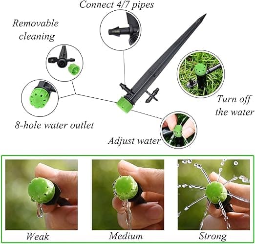 100 st Micro Drip Bevattning Sprinkler, 360 Grader 8 Hål Vattenflöde Bevattning Emittrar för 1/4 (4-7mm) Rör, för Trädgårdsdroppbevattningssystem, Gr