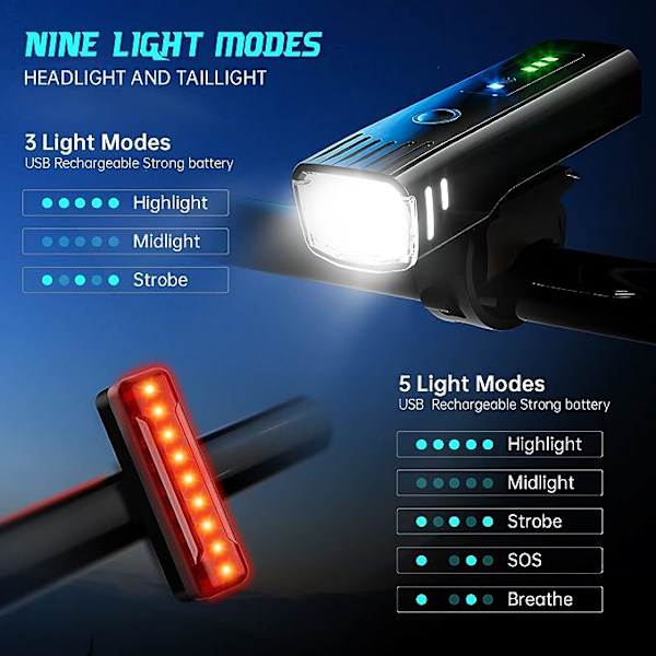 IPSXP sykkellyssett, 1400 lumen automatisk avkjenning oppladbar LED frontlykt, 4 lysstyrkemoduser, 1 rødt baklys, vanntett, egnet for Campi