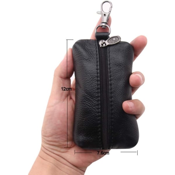 Ægte læder nøgletaske pung taske nøglering holder med nøglering og lynlås (brun)