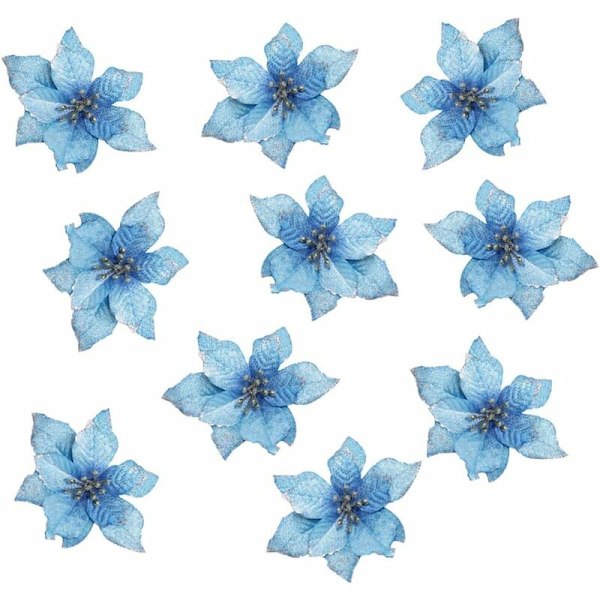 Kunstige juleblomster til bryllup, juleblomster med glitter til juletræspynt (10 stk.) (blå)