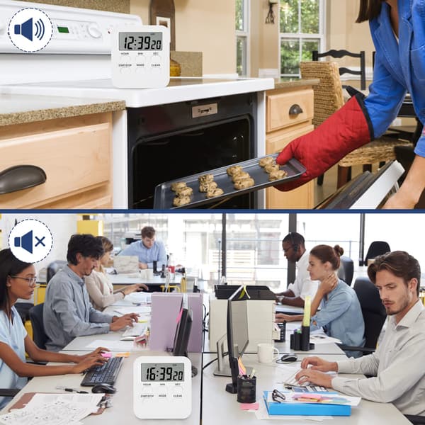 Timer Digital Køkken Timer, Bordtimer til Lærere Børn, Store Tal, Lydløs Kontakt, Magnetisk Bagside, Stativ - Hvid