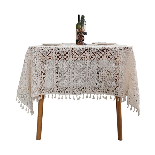 Dug i pastoral stil i hæklet bomuldsgarn, hule pomponer, beige - 60x60cm