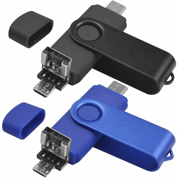 2 kpl USB-muistitikku C 64GB USB 2.0 OTG 3 YHDESSÄ Type C USB Micro USB Clef Stick 64gb Flash Drive U Disk PC:lle Android-älypuhelimelle Tabletille (Sininen Musta)