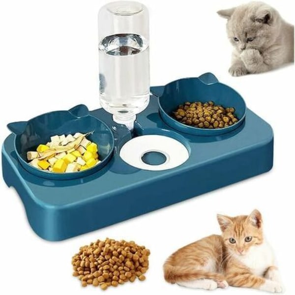 Dobbelt hævet katte- og hundeskål, 3 i 1 automatiske vand- og maddispensere til kæledyr, vippet ved 15° Dobbelt madskål