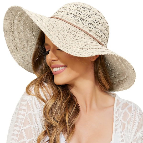 Solhatter for kvinner, floppy strandhatter for kvinner sammenleggbare, bred sommerhatt, pakkebar sol strand floppy hatter kvinner Beige