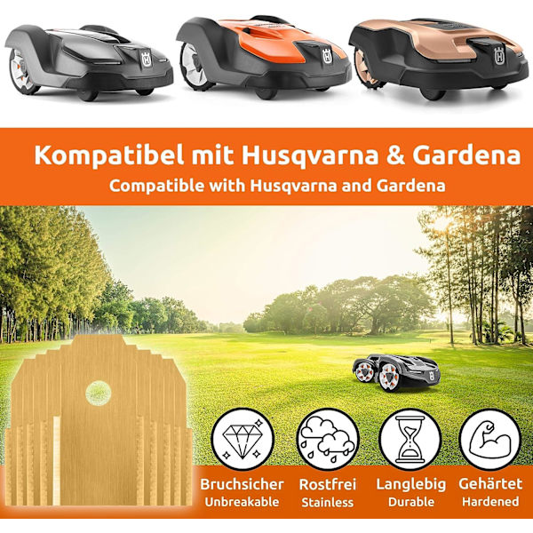 30x Titanbelagte rustfrie stål reserveknive kompatibel med Husqvarna Gardena McCulloch ROB Flymo Yardforce Matrix Grizzly Brast - Inkluderer