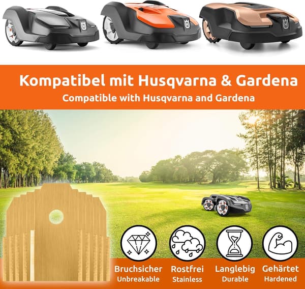 30x Titaniumbelagte rustfrie stålblad til Husqvarna Gardena McCulloch ROB Flymo Yardforce Matrix Grizzly Brast - Inkluderer