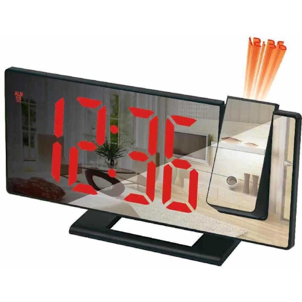 (Svart Fodral med Röd Text) Projektor Väckarklocka, 180° Projektionsväckarklocka, Digital Klocka med LED-Spegelskärm, USB-Port, Snooze, 4 Ljusstyrkor