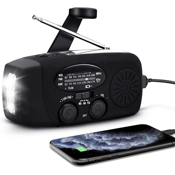 Bärbar solcellsradio, handvevad självförsörjande AM/FM/NOAA-radio, dynamo-väder-nödenhet med 3-LED ficklampa och telefonladdare för vandring