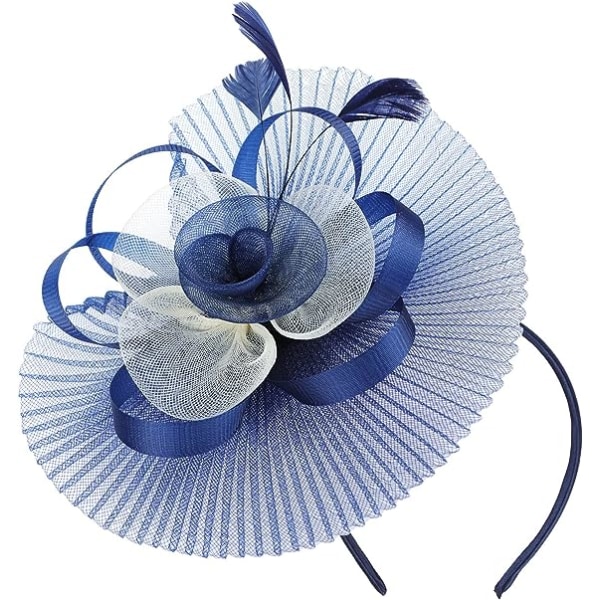 Navy - Peruk Dam Hibi Wedding Feather Hat med blommor och feat