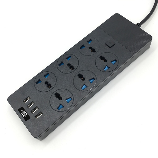 UK förlängningskabel med 4 USB platser (2,1A), 6 power och inbyggd säkring, överspännings- och slutarskydd 2m/6,5ft väggförlängningskabel (svart)