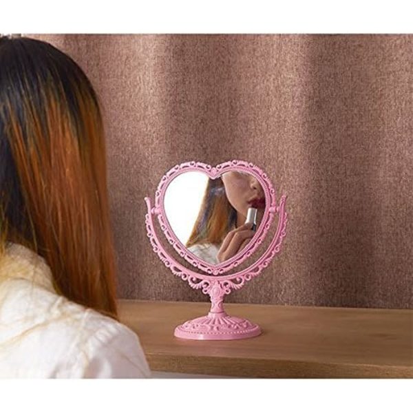 Makeup Spejl 2 Side Comestic Rotat Stand Bord Plastik Kommode Hjerte Form Spejle Kosmetisk Værktøj-Beige