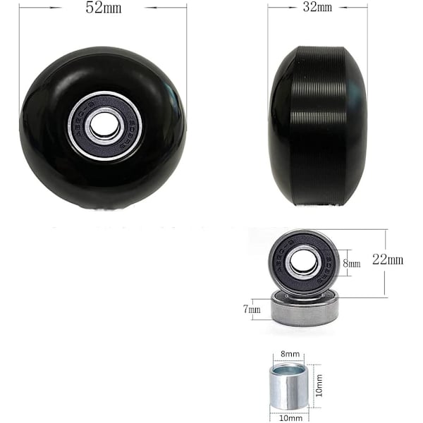 4 stk. (hvide) skateboardhjul 52mm 95A, PU-elasticitet 80% udskiftningshjul med ABEC-9 608 RS kuglelejer til skateboards