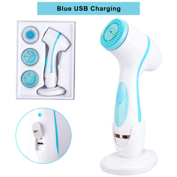 Høykvalitets ansiktsrensebørste i silikon (blå), rensehull for eksfolierende og svarte øyne, elektrisk USB-rensebørste