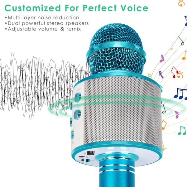 Barn Karaoke Trådlös Bluetooth Mikrofon (Blå), 5 i 1 Bärbar Handhållen Högtalare Spelare Recorder, Justerbar Blandning FM-radio, Lämplig för Barn Vuxna
