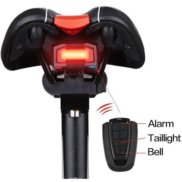 Intelligente tyverisikre sykler, LED-alarm, sykkelstroboskop, elektrisk ringeklokke med trådløs fjernkontroll, USB-kabel, tilbehør til terrengsykkel
