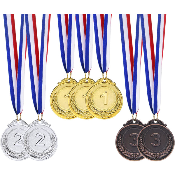 7 stykker børnemedaljer, plastikguldmedalje med halsbånd, plast