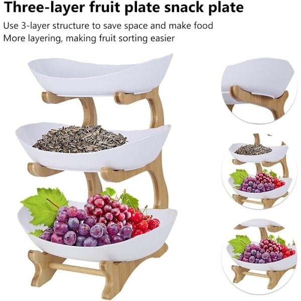 Fruktkorg i tre nivåer, fruktstöd i plast med tre nivåer för frukt, kakor, godis 35 28 19 cm (elfenben)